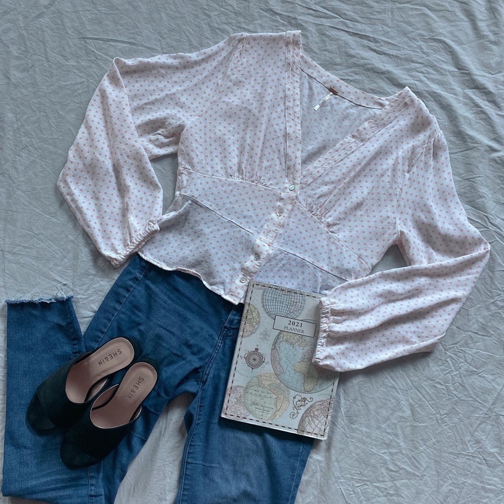 Free People Size Medium Pink Polka Dot Peplum Top